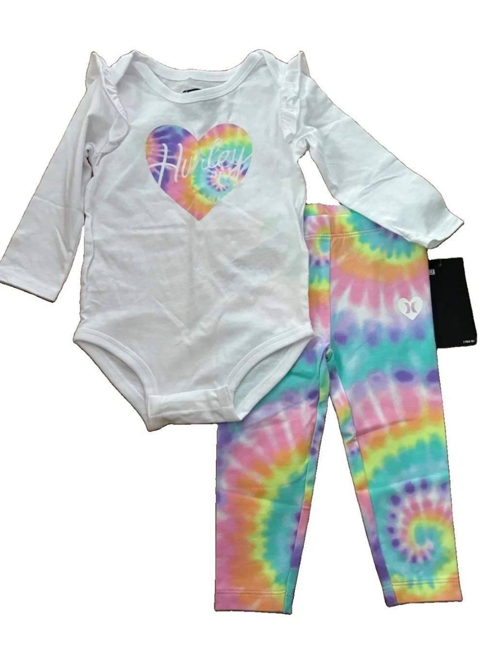 Hurley Baby Tie-Dye Heart Bodysuit & Leggings Set - White & Rainbow